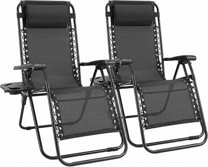 Sweetcrispy Zero Gravity Chairs Set of 2, Outdoor Folding Patio Lounge Chair with Cup Holder Tray, Portable Beach Camping Recliner for Poolside, Garden, Backyard, Lawn, Solid Black