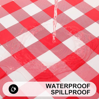 Smiry Rectangle Picnic Table Cloth, Elastic Waterproof Fitted Vinyl Tablecloths, Flannel Backed Buffalo Plaid Table Covers for Dining, Camping, Outdoor (White and Red, 30" x 96")