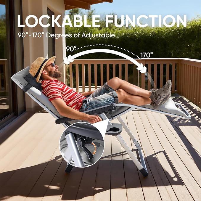 DUMOS Zero Gravity Chairs Set of 2, Lounge Chair Outdoor with Cup Holder | Folding Reclining Chairs for Indoor, Outside, Beach, Camping and Patio, Gray