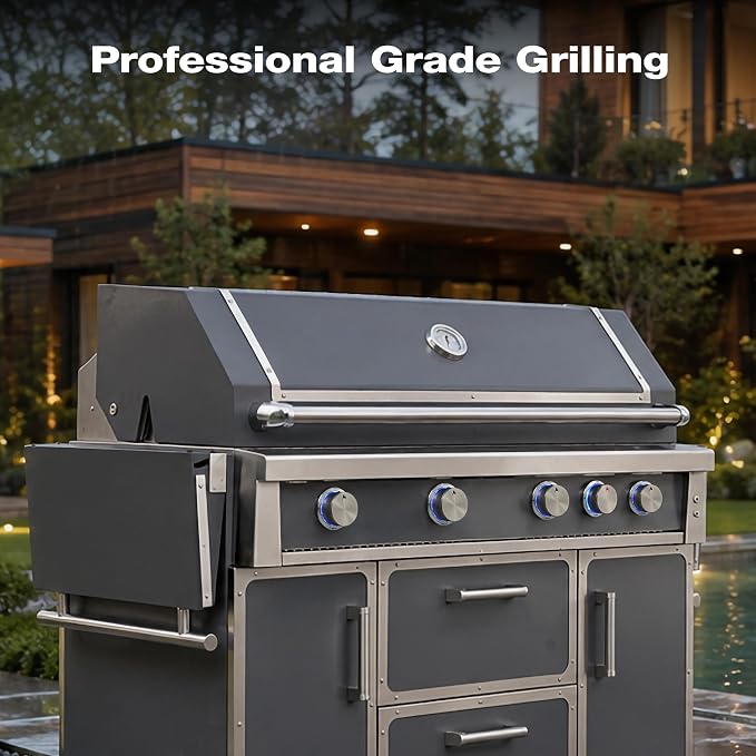 NG 4 Cast Burners Outdoor Kitchen Grill Island, 99,000 BTU, Grey Painting
