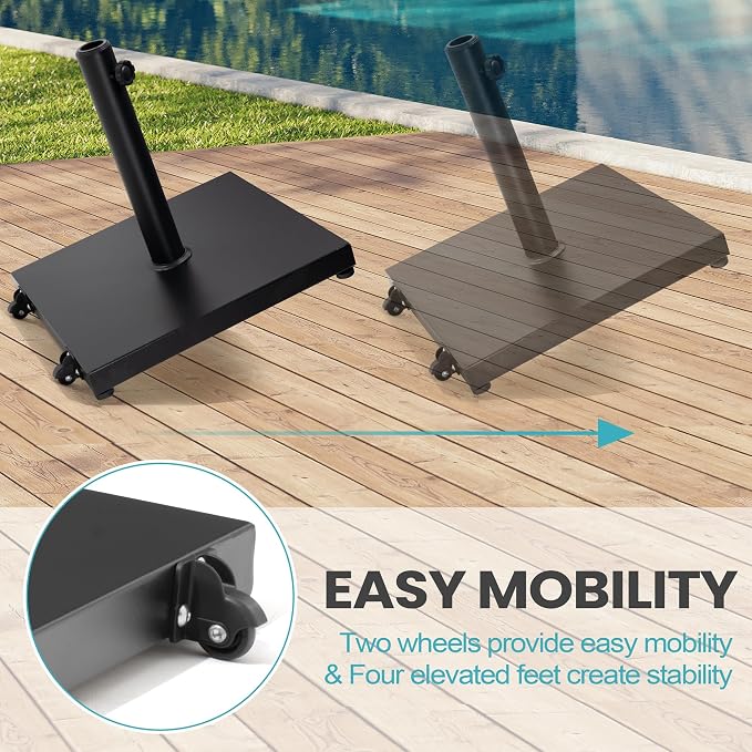 Patio Umbrella Base with Wheels, 43lbs Outdoor Umbrella Stand | With 2 Wheels, Square Heavy Duty Base, Suitable for 6-12FT Most Market Umbrella, for Deck, Lawn, Poolside