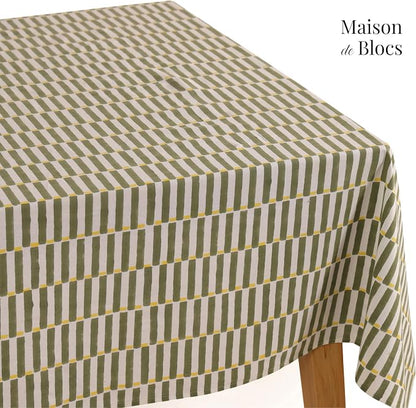 100% Cotton Hand Block Printed, Tablecloth for Kitchen, Dining, Table Cover for Parties, Chritmas, Weddings, Barbecues and Summer picnics Table Cloth (Green & Yellow, 60" x 90")