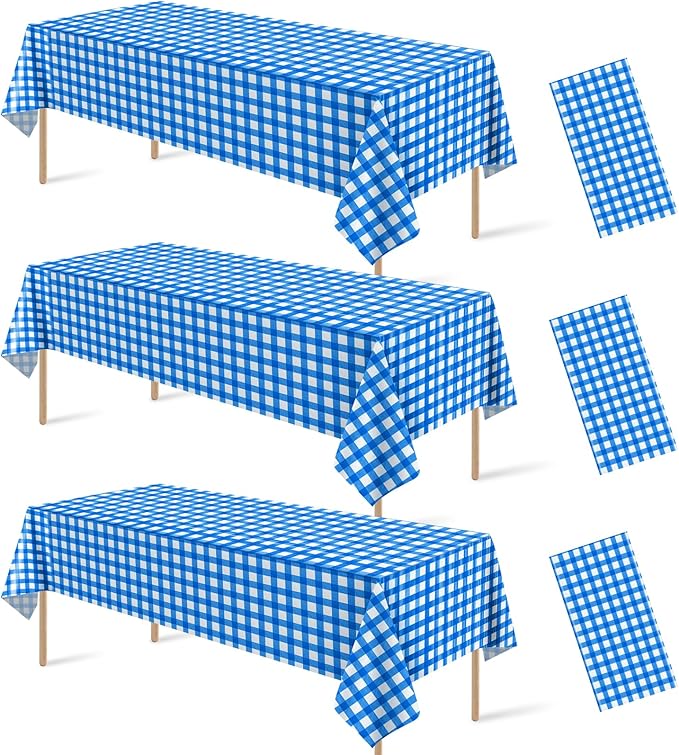 3Pcs Blue Gingham Tablecloths, Checkered Party Table Covers 54x108 In | Disposable Plastic Blue Checkered Tablecloth Buffalo Plaid Table Cover for Baby Shower Bridal Wedding Birthday Party