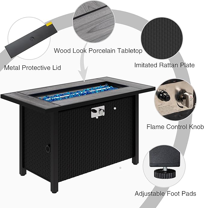 45in Fire Table, Propane Fire Pit with Glass Wind Guard and Rain Cover, Outdoor Firepit Table 50000 BTU 3-in-1 Fire Table for Patio/Yard/Balcony, Gray Tabletop