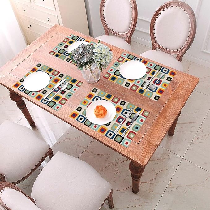 Mid Century Modern Retro Placemats Set of 4 Linen 12"x18" | Vintage Decorative Kitchen Table Mats for Dining Outdoor Holiday Party Farmhouse Home Decor Washable Place Mats