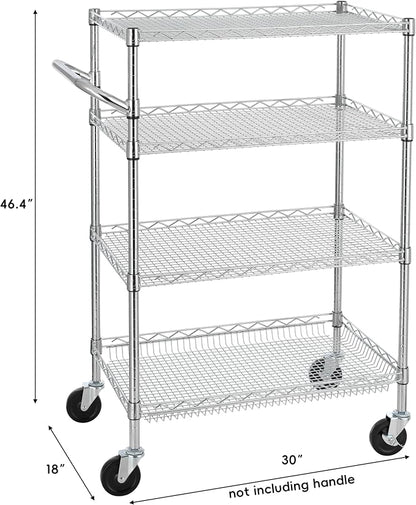 Finnhomy 4 Tier Heavy Duty Commercial Grade Rolling Cart with Handle Bar, Metal Wire Utility Cart with Wheels, Service Trolley on Wheels, Shelf Size 18" D x 30" W, NSF Listed, Chrome