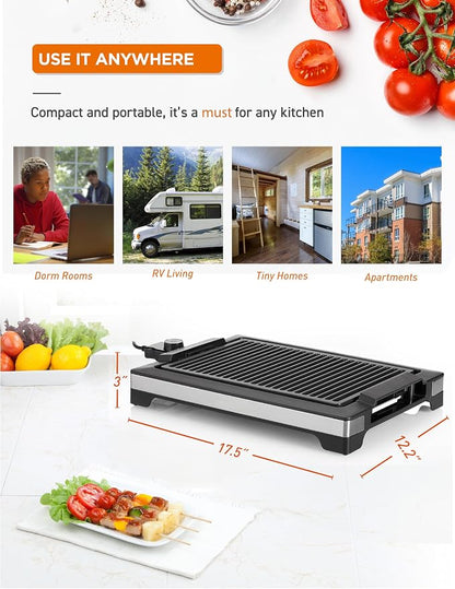 Commercial Chef Indoor Electric Grill, CHIG20B, Black and Stainless Steel | Portable Grill for Tabletop, Countertop or Kitchen, 1600W, 14.7” x 9.8” Nonstick Plate, Adjustable Temperature Control