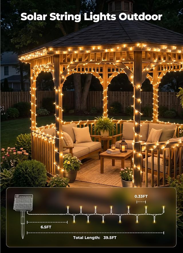 Brightown 2 Pack Solar String Lights Outdoor Waterproof, 92Ft 240 LED Solar Outdoor Lights String with 8 Modes, Transparent Wire String Light for Patio Tree Garden Party Decorations, Warm White
