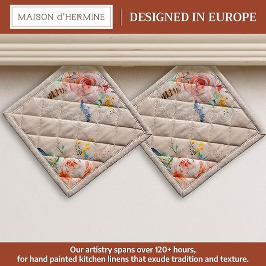 Maison d' Hermine Pot Holders 100% Cotton Heat Resistant Potholders 8" x 8" Hot Pads with Loop BBQ Cooking Baking Hotel Farmhouse Kitchen Handling Hot Pans Spring Summer (Pack of 2, Ibiza - Beige)