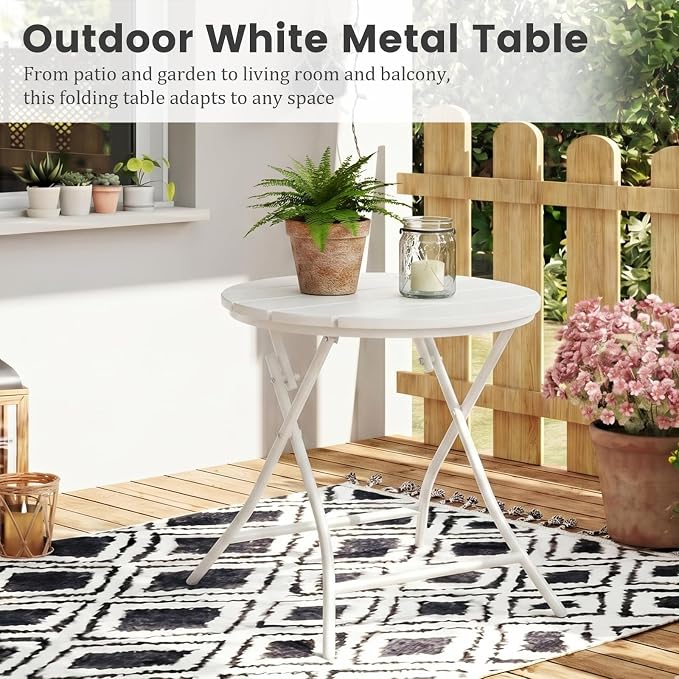 TeoKJ Folding Outdoor Side Tables, HDPS Small Patio Table | Metal Round Anti Rust Patio Desk, No Assembly Small Nightstand for Yard, Balcony, Lawn, Pool, Lightweight, White