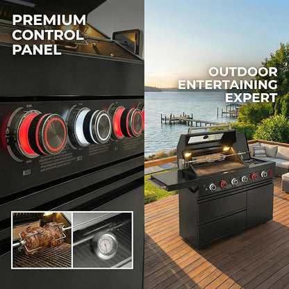 46" Outdoor Kitchen Island with Side Burner, 4-Burner 75,300 BTU Propane Gas BBQ Island with Rotisserie, Side Prep Shelf, Storage Drawers, LP/NG Convertible, for Backyard and Patio Cooking, Black