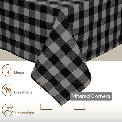 Light Grey and Black Buffalo Check Tablecloth, 52x70 Inches, Plaid Table Cover, 100% Cotton, Washable, Reusable Table Linen for Winter Dinners, Holiday Hosting and Everyday Dining