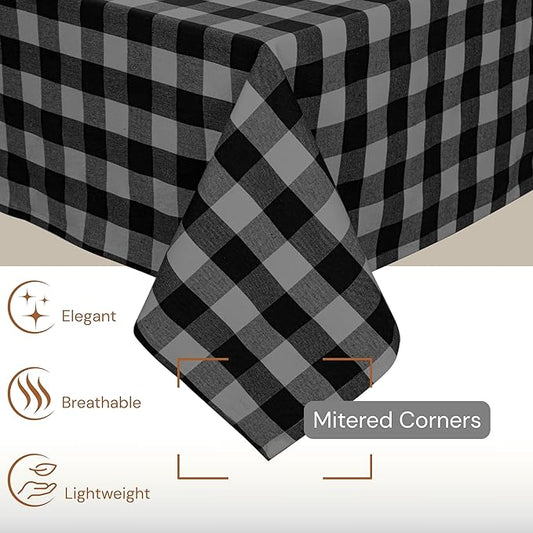 Light Grey and Black Buffalo Check Tablecloth, 52x70 Inches, Plaid Table Cover, 100% Cotton, Washable, Reusable Table Linen for Winter Dinners, Holiday Hosting and Everyday Dining