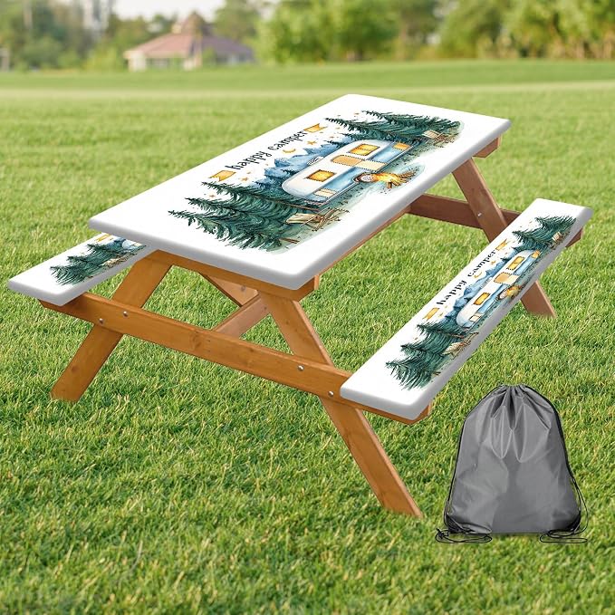 Picnic Table Cover with Bench Covers Elastic Edges, Happy Camper Fitted Table Cover, Outdoor Patio Camping Essentials 3PCS, Waterproof Camping Fitted Tablecloth with Drawstring Bag 60in White