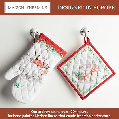 Maison d' Hermine 100% Cotton Oven Mitt & Pot Holder Set (7.5"x13" & 8"x8") Heat Resistant BBQ Cooking Gloves with Loop for Thanksgiving Christmas Decorations Handling Hot Pans (Christmas Tradition)