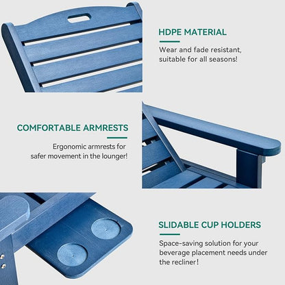 YITAHOME Outdoor Chaise Lounge Chair with Adjustable Backrest, Heavy Duty Resin Patio Lounger with Retractable Tray, 350lbs Capacity Waterproof for Outside Poolside Beach Backyard, Dark Blue