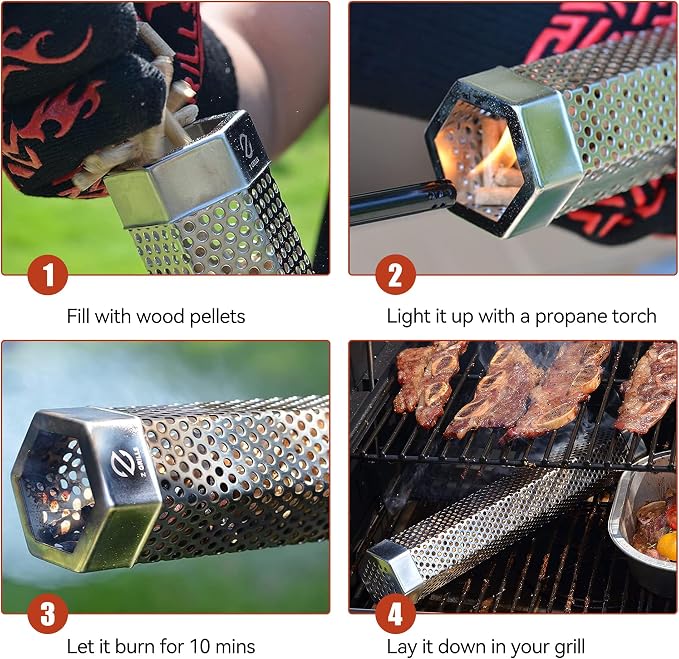 Z GRILLS Pellet Smoker Tube with 2 Hooks and Brush, 12" BBQ Billowing Smoke Mesh Stainless Steel for Cold/Hot Smoking