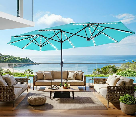 SUPERJARE 13ft Outdoor Patio Umbrella with Solar Lights, Double-sided Deck Pool Umbrella with 1.5 Inch Pole, Fade Resistant Canopy, 12 Sturdy Ribs, for Porch, Market, Backyard, Light Blue(No Base)