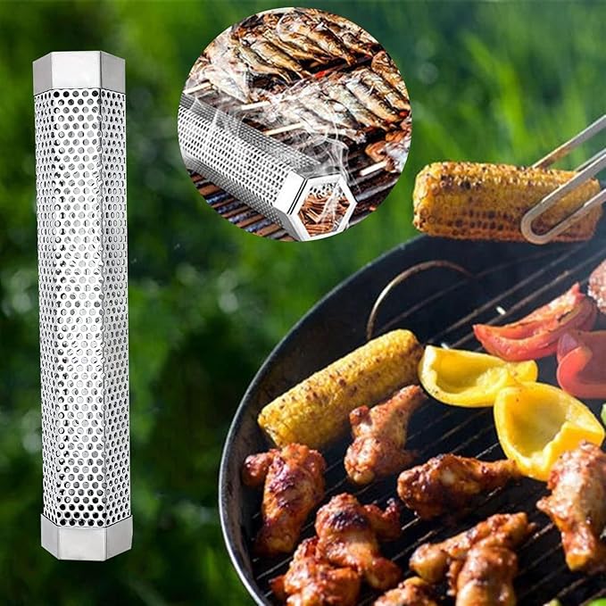 Smoke Tube for Pellet Smoker 12" - 5 Hours of Billowing Smoke - Hot/Cold Smoking - for Any Grill & Smoker - Premium Stainless Steel BBQ Smoking Tube, Includes Bonus Cleaning, Basting Brush & S-Hook