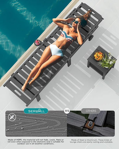 SERWALL HDPE Outdoor Chaise Lounge Set of 2 with Cup Holder & Wheels, Grey | Weather-resistant chaise lounge resists fading, with 5-level adjustable back, cup holder and wheels.
