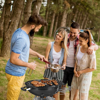 28-Inch Portable Charcoal Grill with Wheels and Storage Holder, Porcelain-Enameled Lid and Ash Catcher & Thermometer, Round Barbecue Kettle Grill Bowl for Outdoor Party Camping Picnic