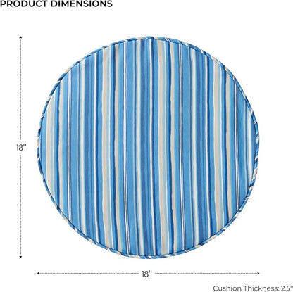 Set of 2 Outdoor 18 inch Round Patio Dining Chair Pads – Comfortable Fiber-Filled Seat Cushions with Ties, Reversible Polyester Fabric - Sapphire Stripe