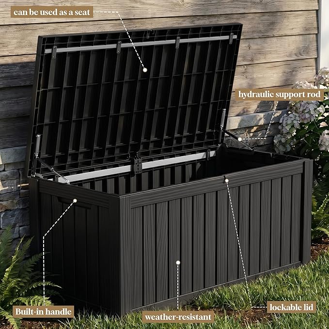 ROJIK 150 Gallon Outdoor Storage Box Waterproof,Weatherproof Deck Boxes Outdoor Lockable,Resin Outside Storage Box for Garden Tools,Cushions,Pool Accessories(Black,150 Gal)
