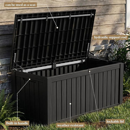 ROJIK 150 Gallon Outdoor Storage Box Waterproof,Weatherproof Deck Boxes Outdoor Lockable,Resin Outside Storage Box for Garden Tools,Cushions,Pool Accessories(Black,150 Gal)