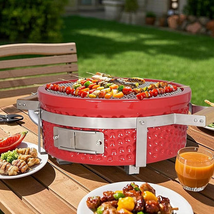 Yakitori Charcoal Grill, Japanese Ceramic Tabletop BBQ Grill with Stainless Steel Stand & Grid Lifter, Portable Indoor/Outdoor Hibachi Grill for 2–5 People, 16"x9", Red, Gift for Chrismas