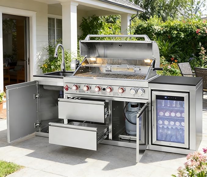 82" Modular Outdoor Kitchen Island with Grill, 6-Burner 83,500 BTU Propane BBQ Island, 304 Stainless Steel, Refrigerator, Sink & Rotisserie, for Backyard and Patio Cooking, Silver