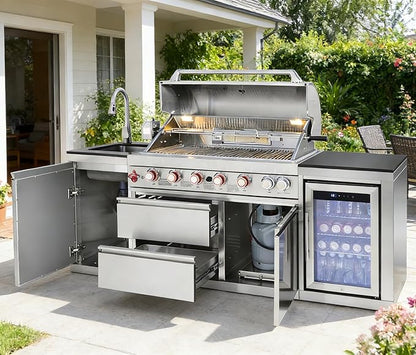 82" Modular Outdoor Kitchen Island with Grill, 6-Burner 83,500 BTU Propane BBQ Island, 304 Stainless Steel, Refrigerator, Sink & Rotisserie, for Backyard and Patio Cooking, Silver