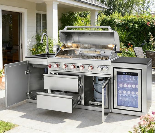 82" Modular Outdoor Kitchen Island with Grill, 6-Burner 83,500 BTU Propane BBQ Island, 304 Stainless Steel, Refrigerator, Sink & Rotisserie, for Backyard and Patio Cooking, Silver
