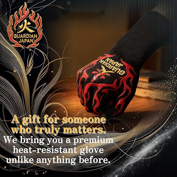 Premium Heat Resistant BBQ Gloves – Fireproof 1472°F Aramid Grill Mitts for Barbecue, Smoker, Campfire, Fire Pit, Oven, Japanese Supervised Design (炎-HONO-Red, L)
