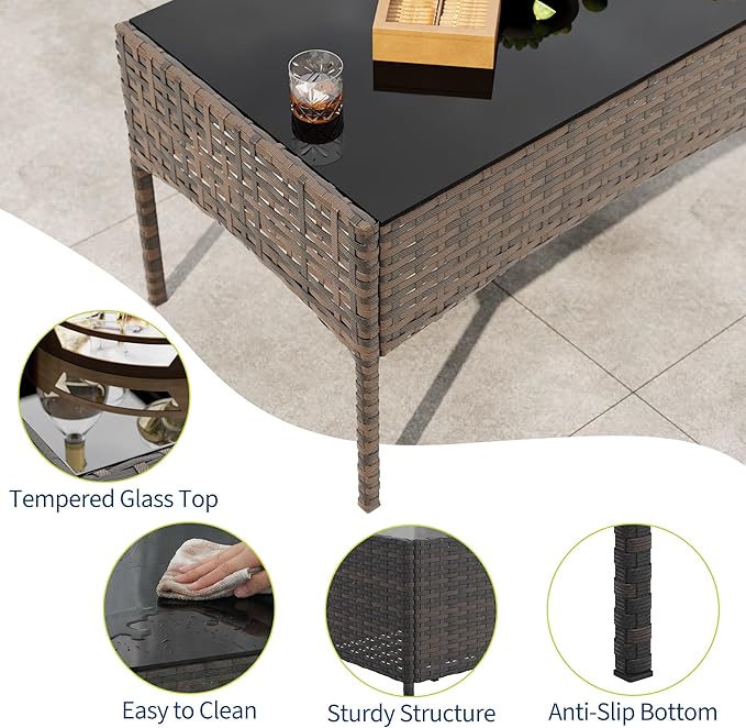 4-Piece Outdoor Furniture Set, PE Rattan Wicker Chairs with Soft Cushions & Tempered Glass Coffee Table - All-Weather Patio Set for Garden, Backyard, Porch, Poolside (Brown/Red)