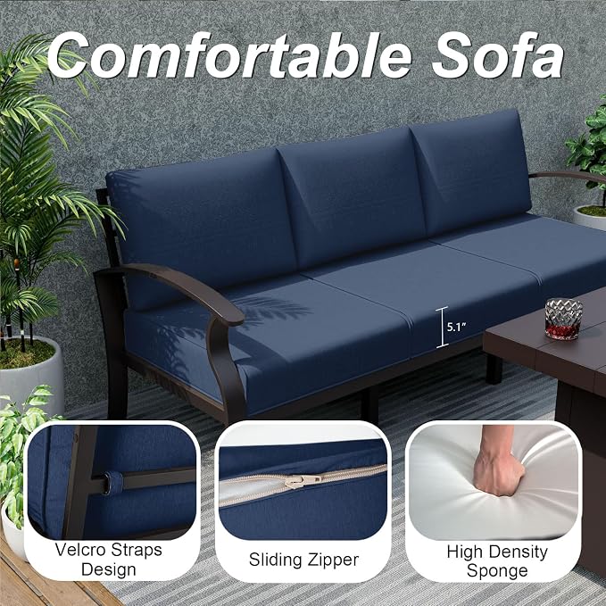 ALAULM Aluminum Patio Furniture Set with Coffee Table Rectangular, 9-seat Outdoor Sectional Furniture w/Swivel Chairs and 2 Ottomans, Patio Conversation Set for Porch, Backyard, Poolside-Dark Blue