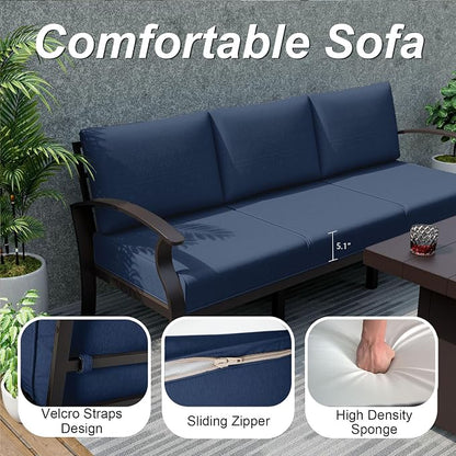 ALAULM Aluminum Patio Furniture Set with Coffee Table Rectangular, 9-seat Outdoor Sectional Furniture w/Swivel Chairs and 2 Ottomans, Patio Conversation Set for Porch, Backyard, Poolside-Dark Blue