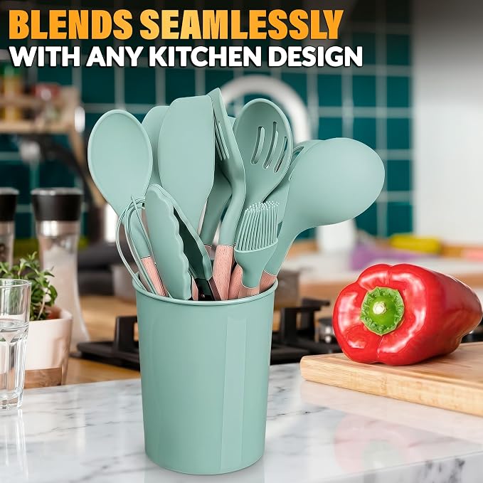 12Pcs Mint Green Kitchen Accessories with Holder for Nonstick Pans | Silicone Cooking Utensils Set for BBQ; Heat-Resistant Tools with Wooden Handles for Baking, Serving, Frying, and Mixing