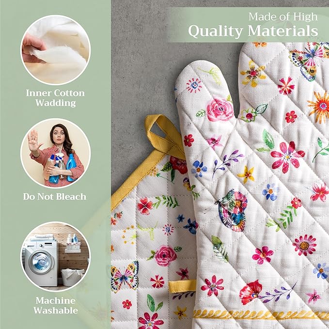 Maison d' Hermine 100% Cotton Oven Mitt & Pot Holder Set (7.5"x13" & 8"x8") Heat Resistant BBQ Cooking Gloves with Loop Baking Grilling Kitchen Home Farmhouse Spring Summer (Happy Florals - Sweety)