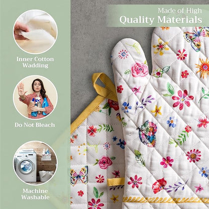Maison d' Hermine 100% Cotton Oven Mitt & Pot Holder Set (7.5"x13" & 8"x8") Heat Resistant BBQ Cooking Gloves with Loop Baking Grilling Kitchen Home Farmhouse Spring Summer (Happy Florals - Sweety)