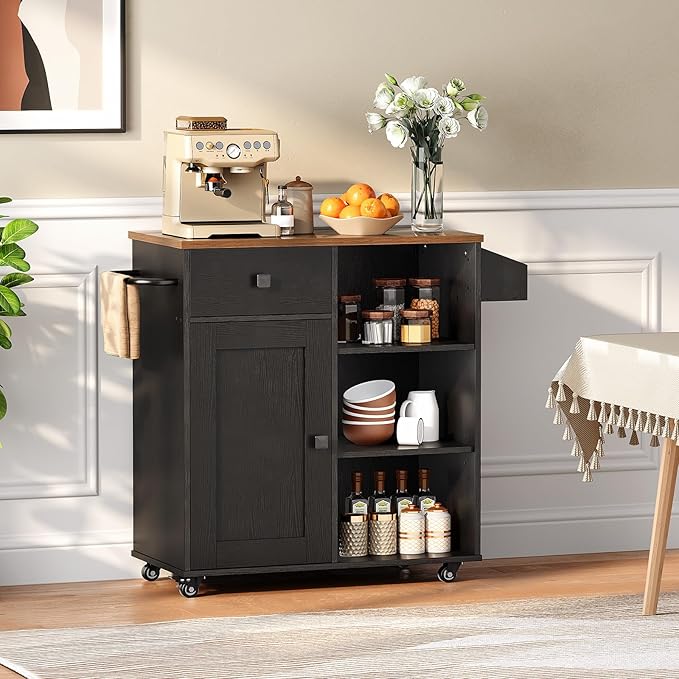 HOOBRO Kitchen Island, Storage Cabinet with Drawer, Kitchen Cart with Spice and Towel Rack, Saving Space, Easy Assembly, for Living Room, Rustic Brown and Black FB12ZD01