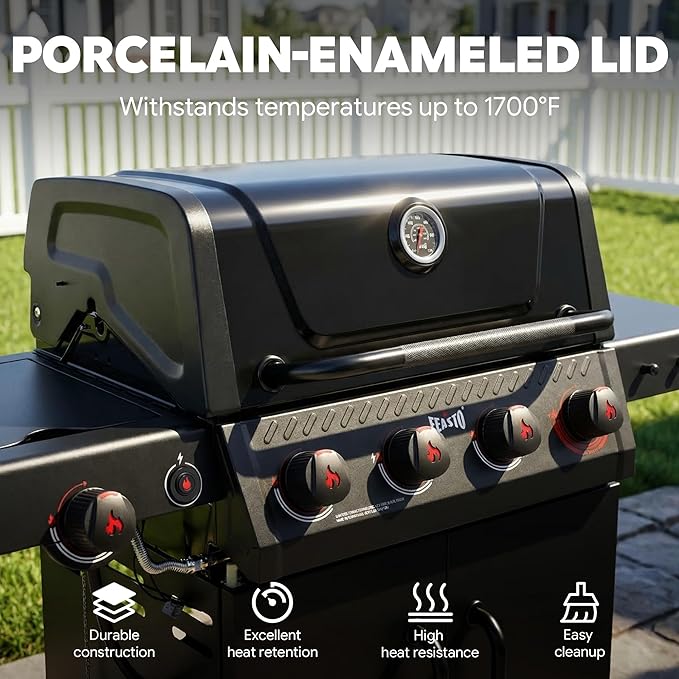 Feasto 4-Burner Propane Gas Grill w/Sear & Side Burner, Porcelain-Enameled Main Body and Lid, 49,500 BTU Outdoor BBQ Grill, 563 Sq. In. Cooking Area, Cabinet Storage, Backyard Patio Grill, Black