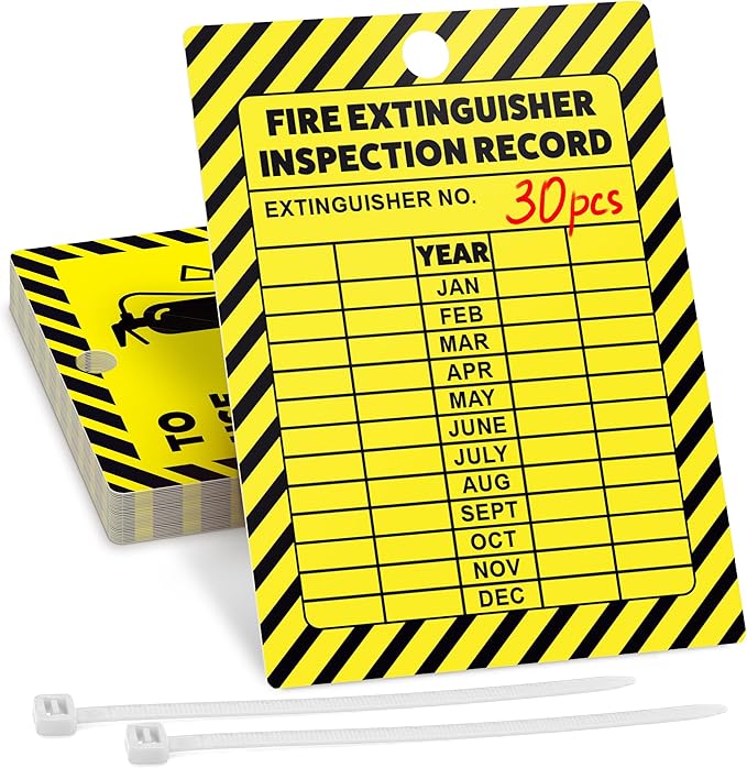 Fire Extinguisher Inspection Tags 2026-2029, Plastic 2.25 x 3 Inch Yellow for Indoor Outdoor Use, Durable Double-Sided Monthly Record and Pass Instructions, Include Zip Ties, 30 Pack