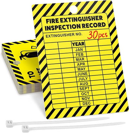 Fire Extinguisher Inspection Tags 2026-2029, Plastic 2.25 x 3 Inch Yellow for Indoor Outdoor Use, Durable Double-Sided Monthly Record and Pass Instructions, Include Zip Ties, 30 Pack