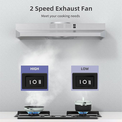 FIREGAS 30 Inch Under Cabinet Range Hood, 300 CFM Powerful & 45dB Quiet Vent Hood, Slim Stainless Steel Stove Hood for Kitchen & Apartments, 2-Speed Exhaust Fan, Ducted/Ductless Convertible