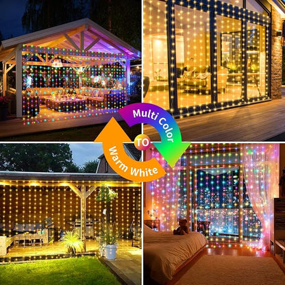 Solar Curtain Lights Outdoor 10x10Ft 300LED Multicolor Warm White Dual Color Changing Curtain Light with Dimmable Waterproof Remote Timer Memory for Christmas Weddings Party Gazebo