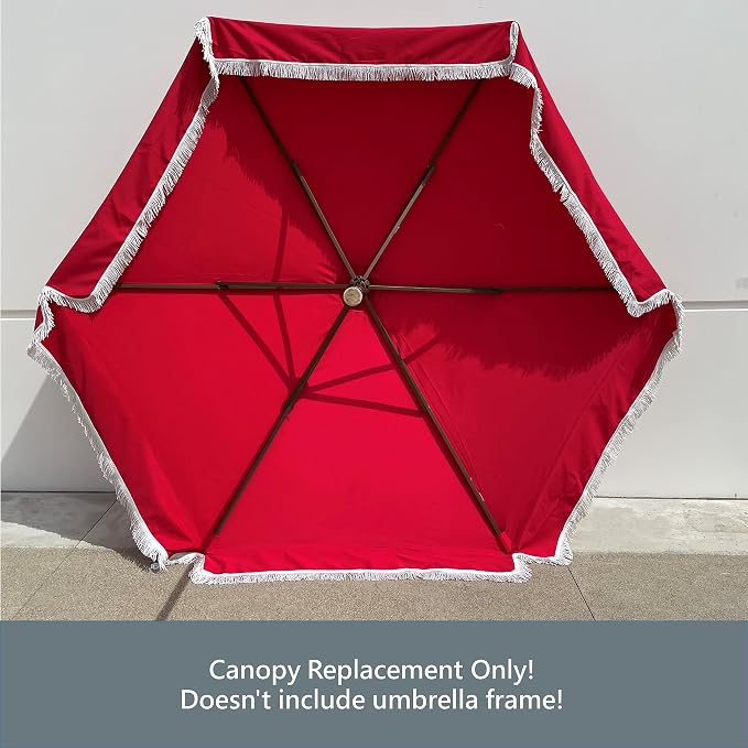 FORMOSA 9ft 6 Rib Market Premium Patio Umbrella Replacement Canopy - 300D UV Protective and Water Resistant Patio Canopy - Umbrella Replacement Cover (CANOPY ONLY) (Red Fringe)