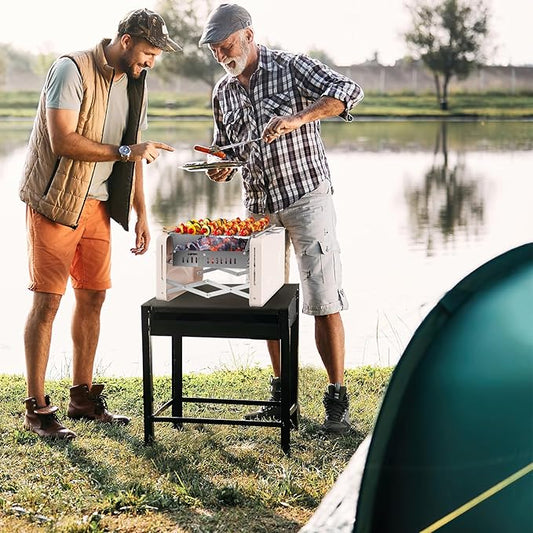 HAPPYGRILL Portable Folding Charcoal Grill, Outdoor Mini BBQ Grill with 2 Stainless Steel Grill Nets, Charcoal Box & Insulated Rubber Wood Handle, Tabletop Charcoal Grill for Camping, Travel & Picnic