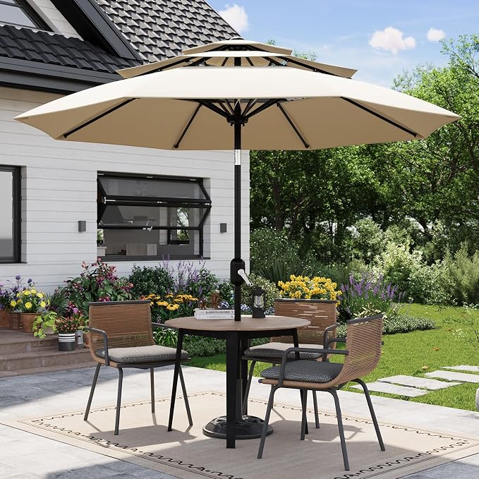 Garvee patio Umbrella with Solar Lights, Outdoor Table Umbrella with 8 Durable Ribs, Tilt & Crank Mechanism, Waterproof & UV Protection for Garden, Backyard, Poolside,