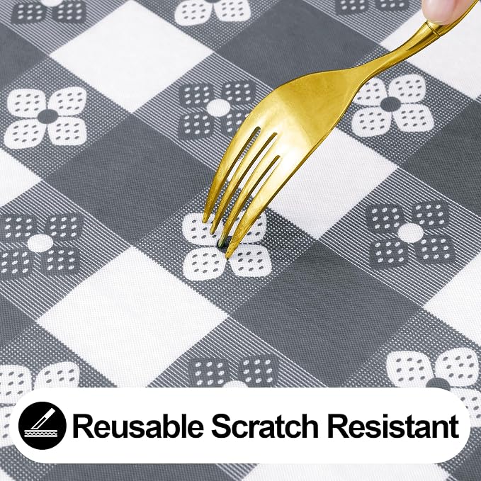 Rectangle Picnic Table Cloth, Waterproof Elastic Fitted Table Covers for 6 Foot Tables, Flannel Backed Plastic Vinyl Tablecloths for Camping, Dining and Indoor (Black & White+Grey & White)