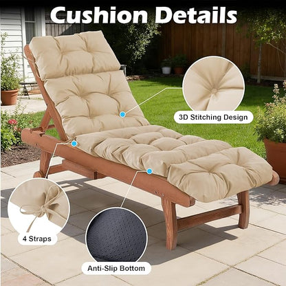 Chaise Lounge Cushions Outdoor, Waterproof & Fade Resistant Patio Lounge Chair Cushions for Outdoor Furniture, Chaise Cushion with Ties for Patio, Pool, Lawn and Beach, 75.1x22.8x4.7 Inch, Beige